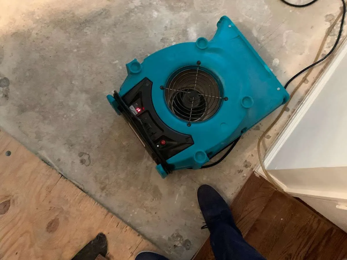 Air mover drying subfloor during Leak Detection & Repair in Roxbury